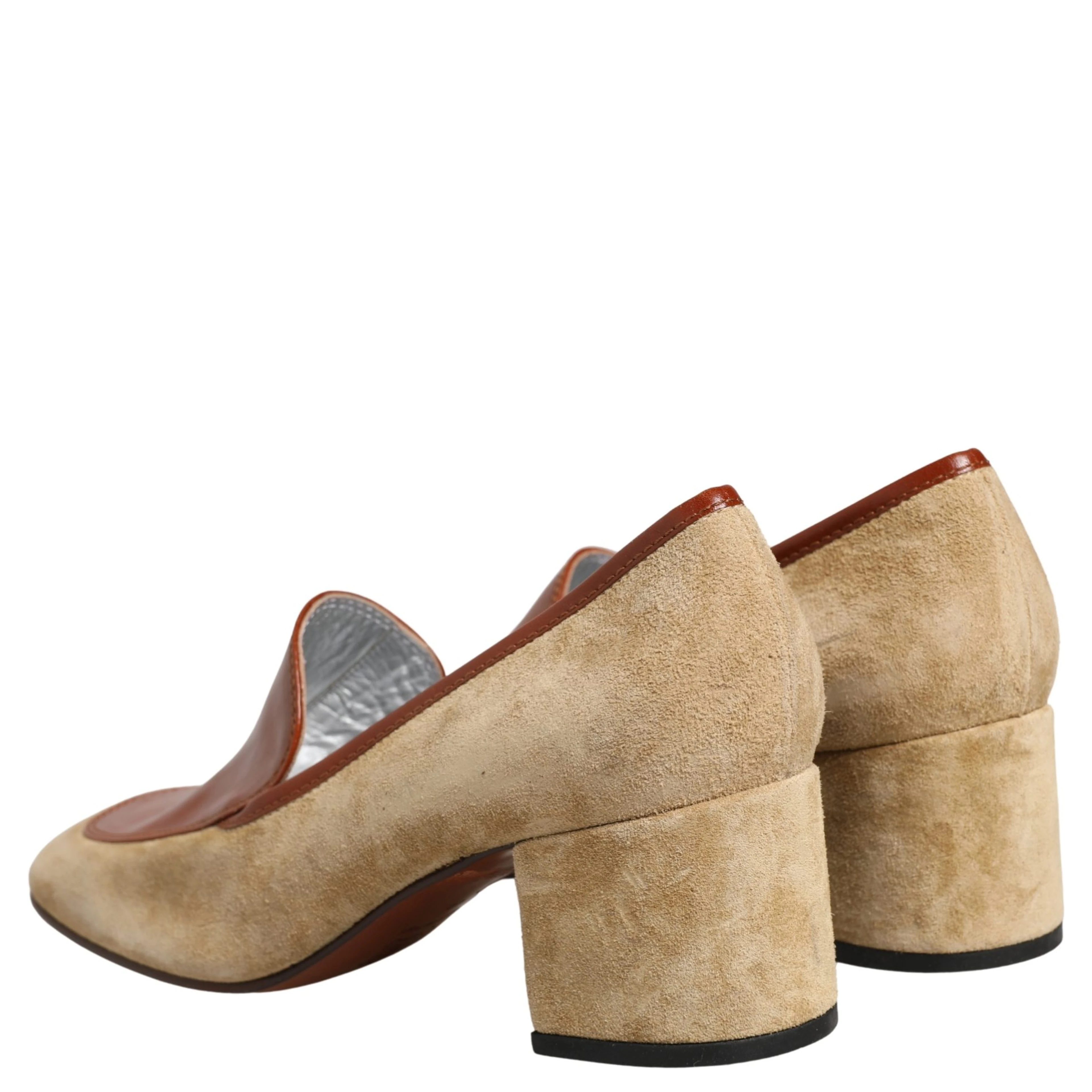 Beige Leather Suede Block Heel Loafers Shoes