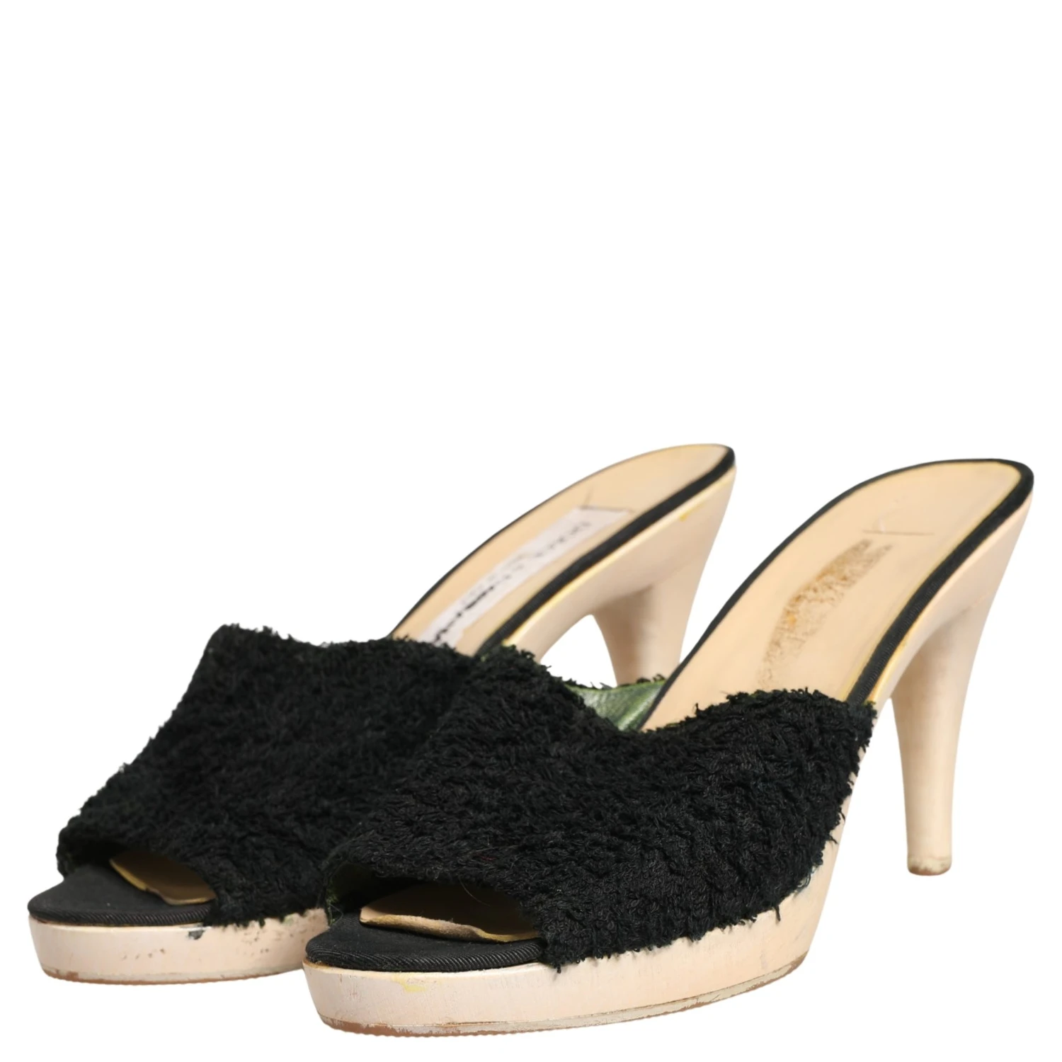 Black Fabric Fur Mule Wood Platform Heel Shoes