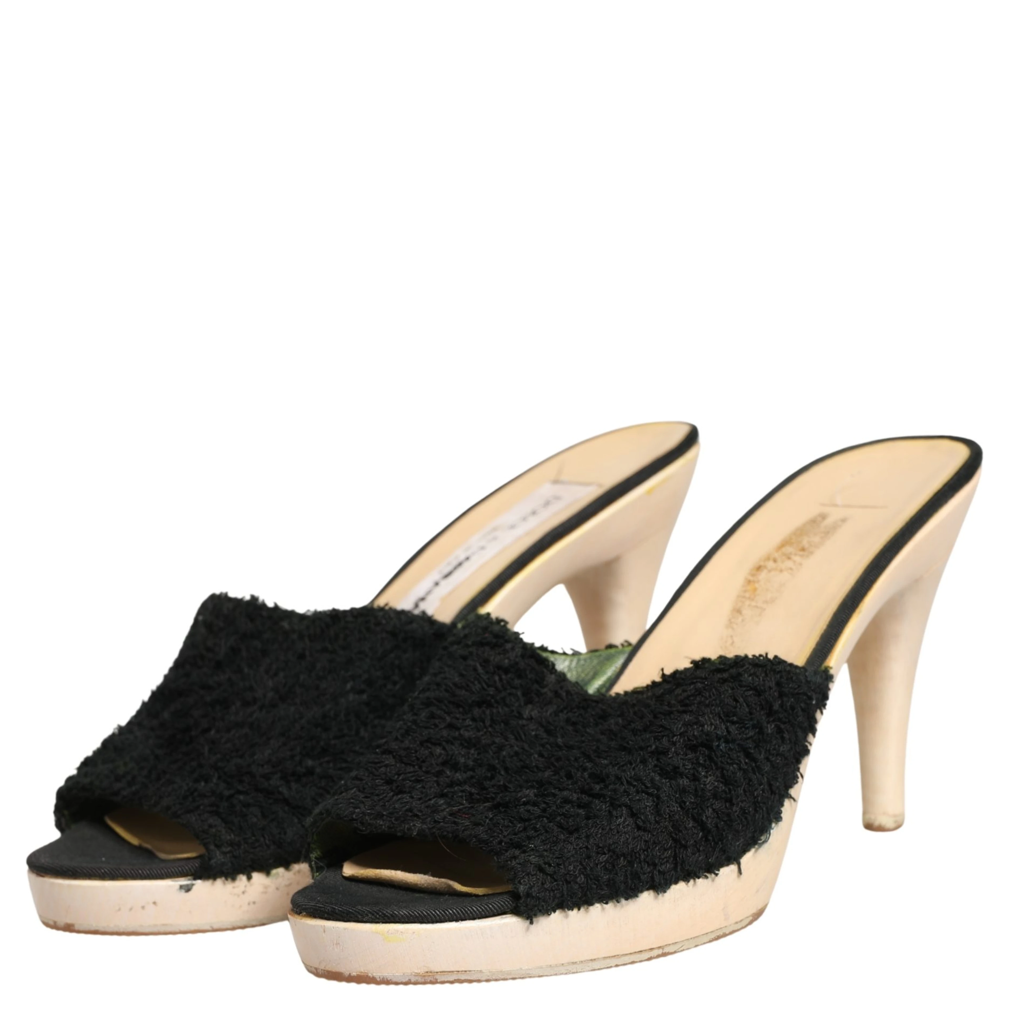 Black Fabric Fur Mule Wood Platform Heel Shoes