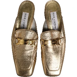 Gold Leather Flats Slides Mule Loafers Shoes