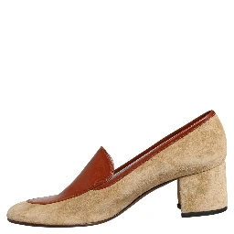 Beige Leather Suede Block Heel Loafers Shoes