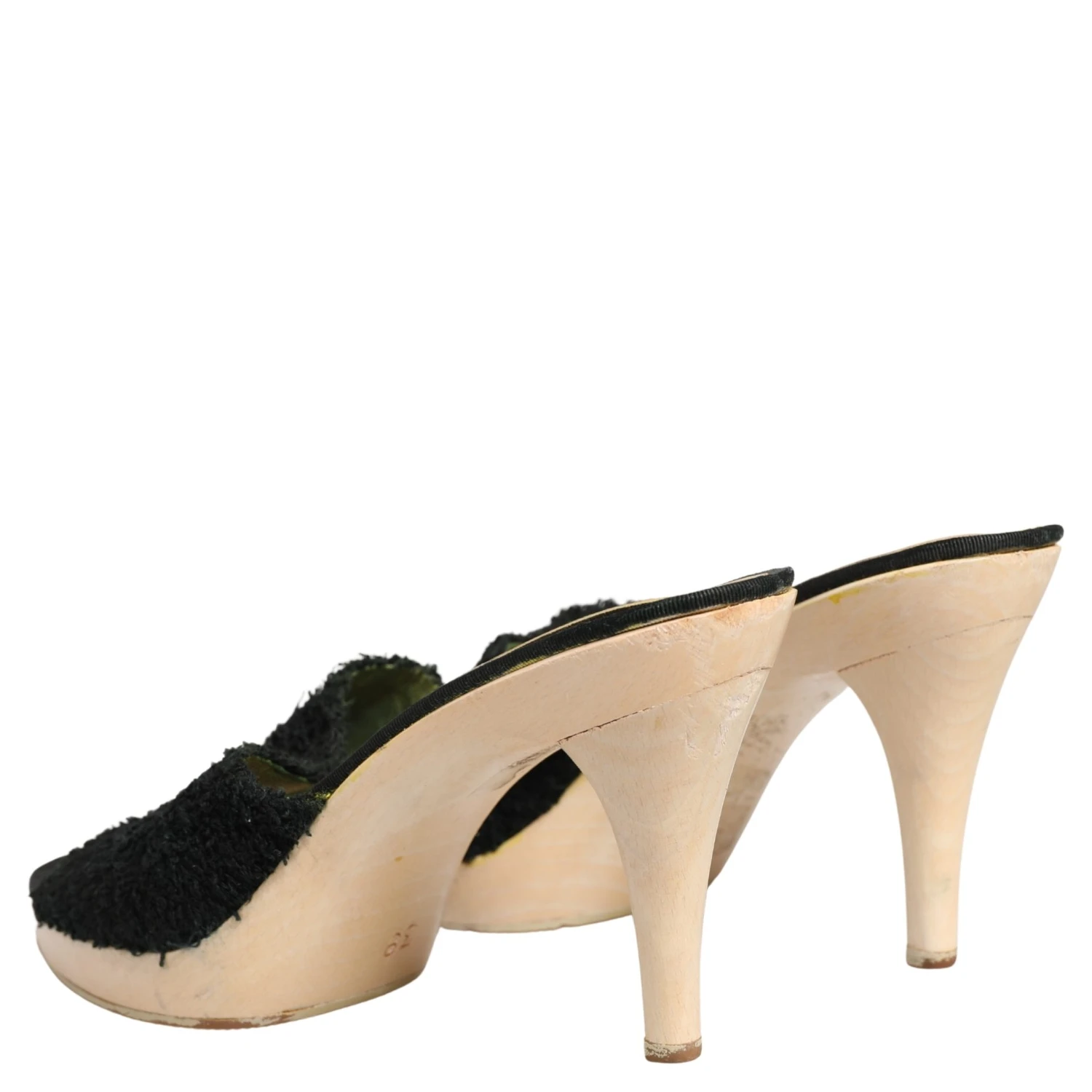 Black Fabric Fur Mule Wood Platform Heel Shoes