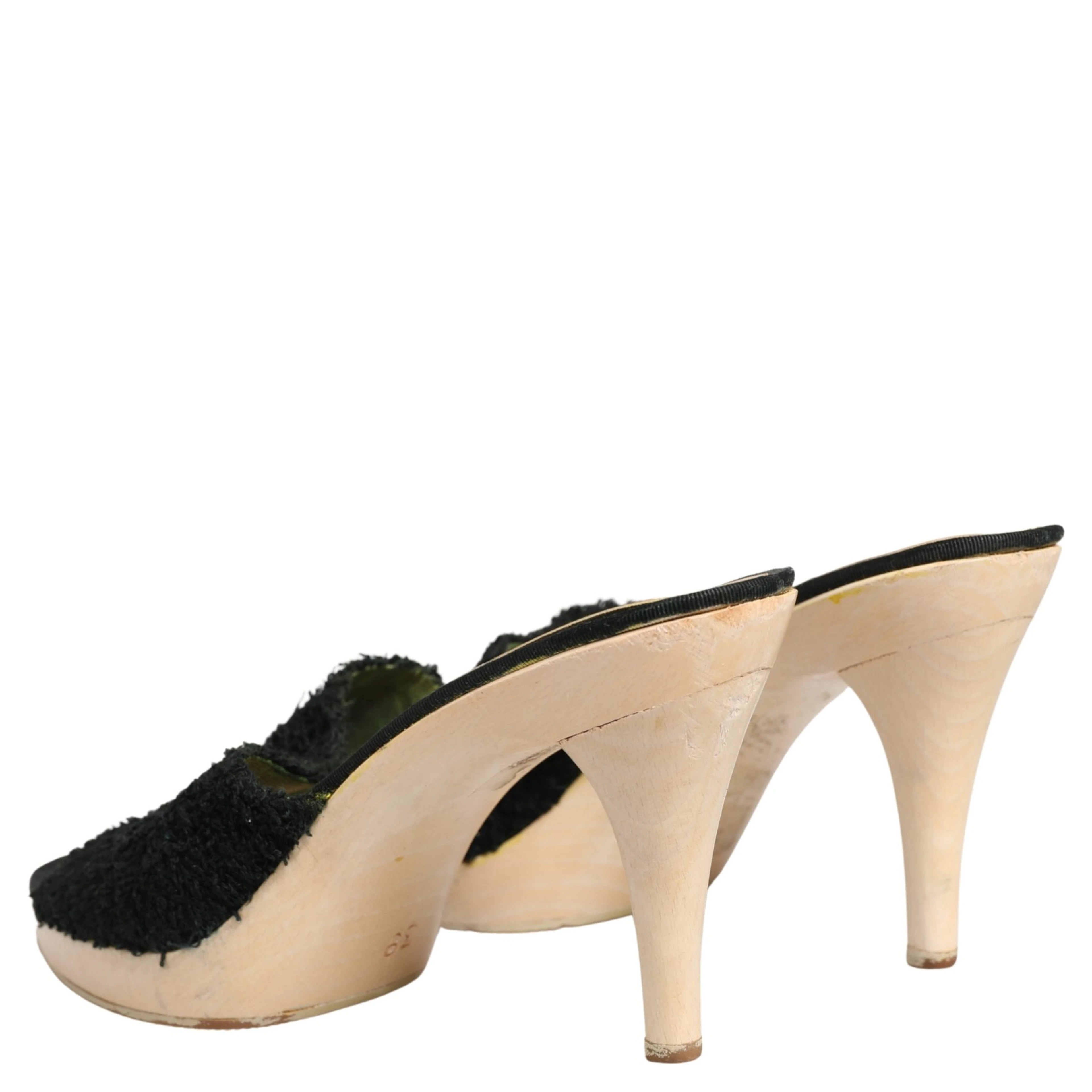 Black Fabric Fur Mule Wood Platform Heel Shoes