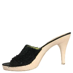 Black Fabric Fur Mule Wood Platform Heel Shoes
