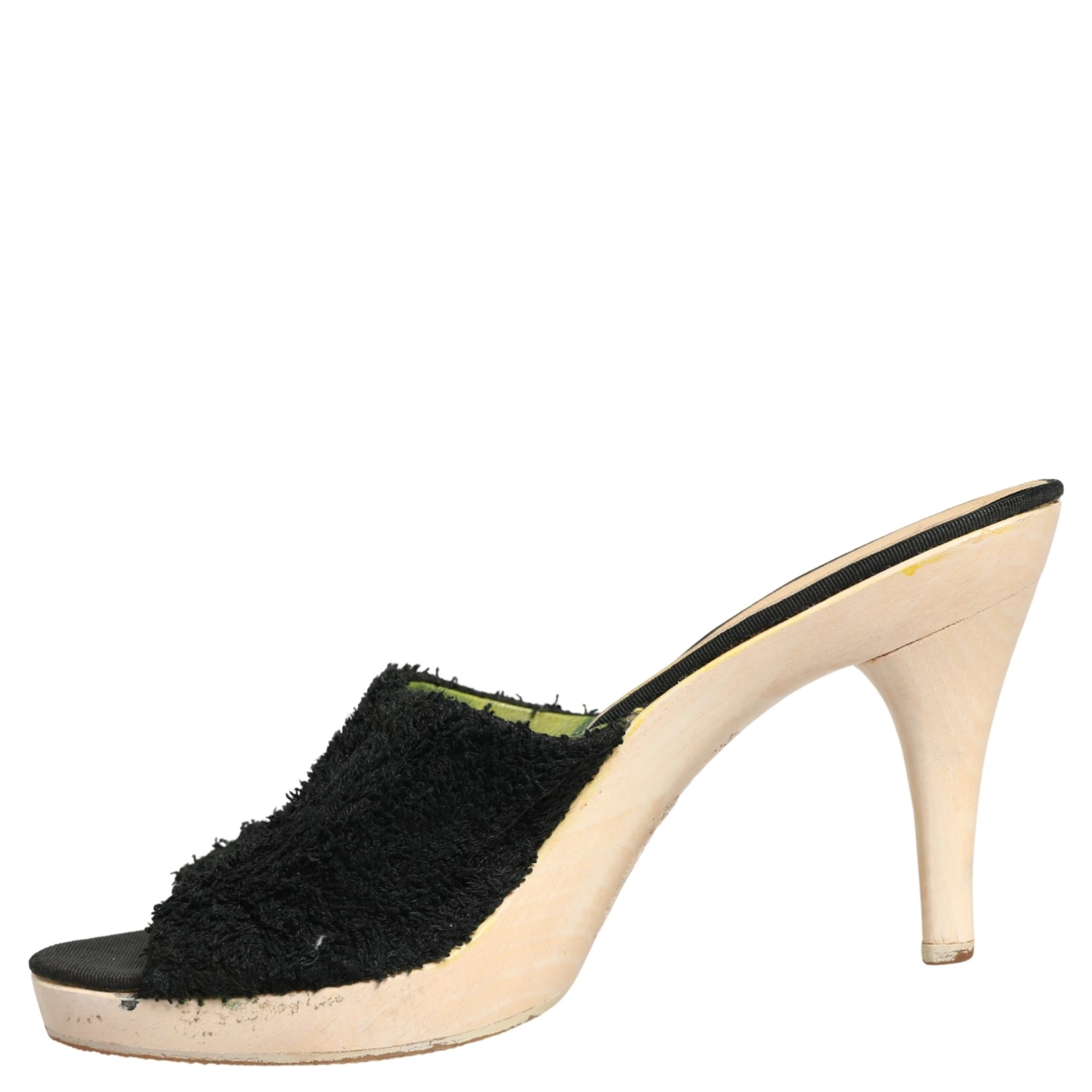 Black Fabric Fur Mule Wood Platform Heel Shoes