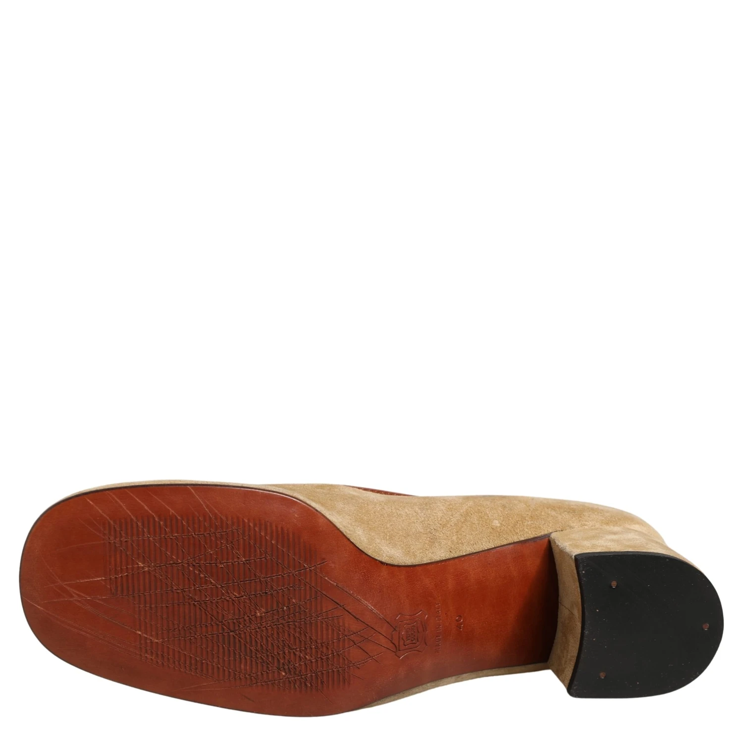 Beige Leather Suede Block Heel Loafers Shoes