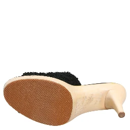 Black Fabric Fur Mule Wood Platform Heel Shoes