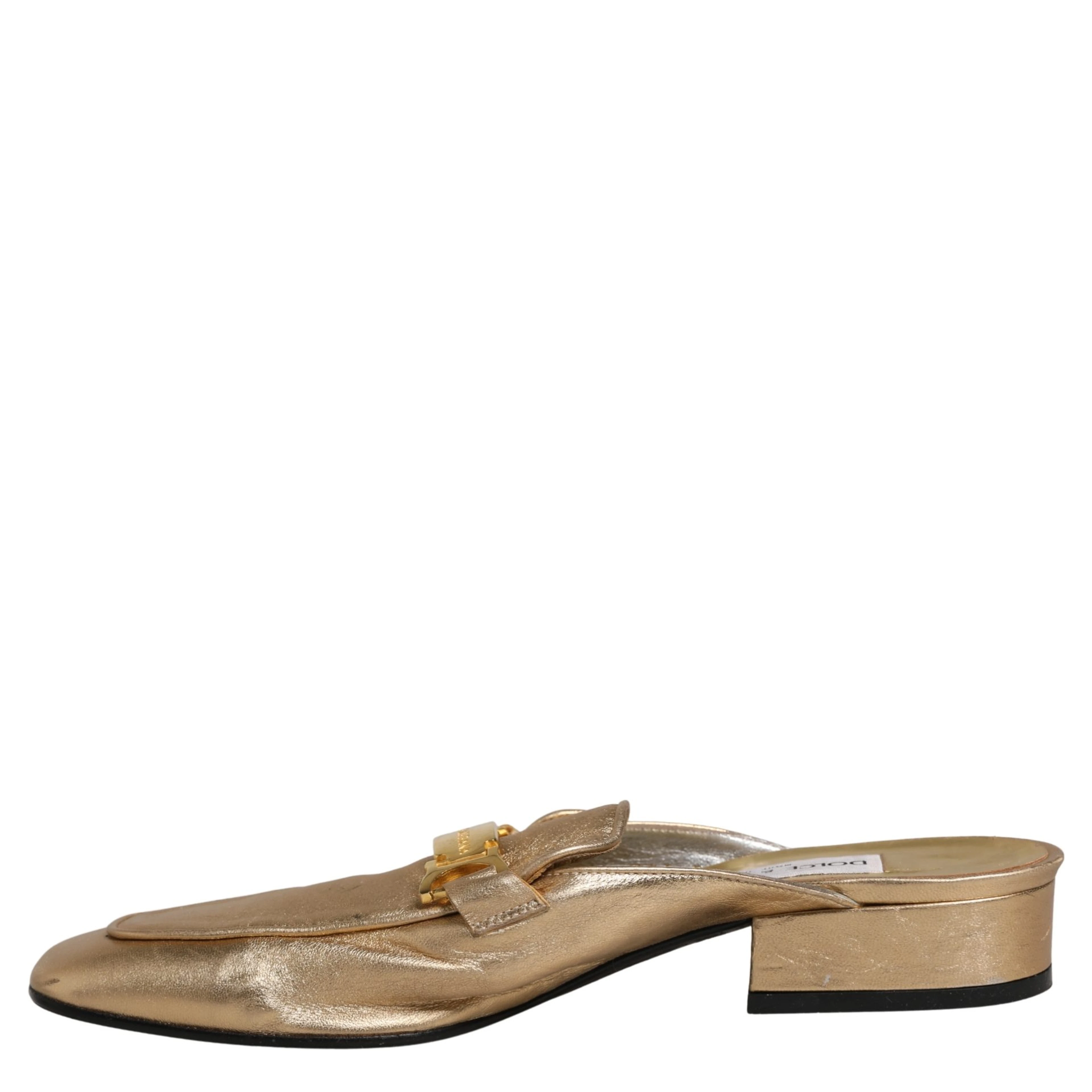 Gold Leather Flats Slides Mule Loafers Shoes