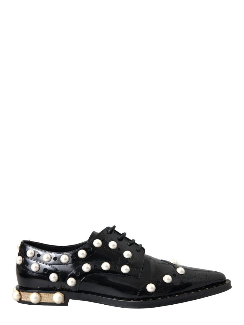 Black Leather Faux Pearl Dress Brogue Shoes