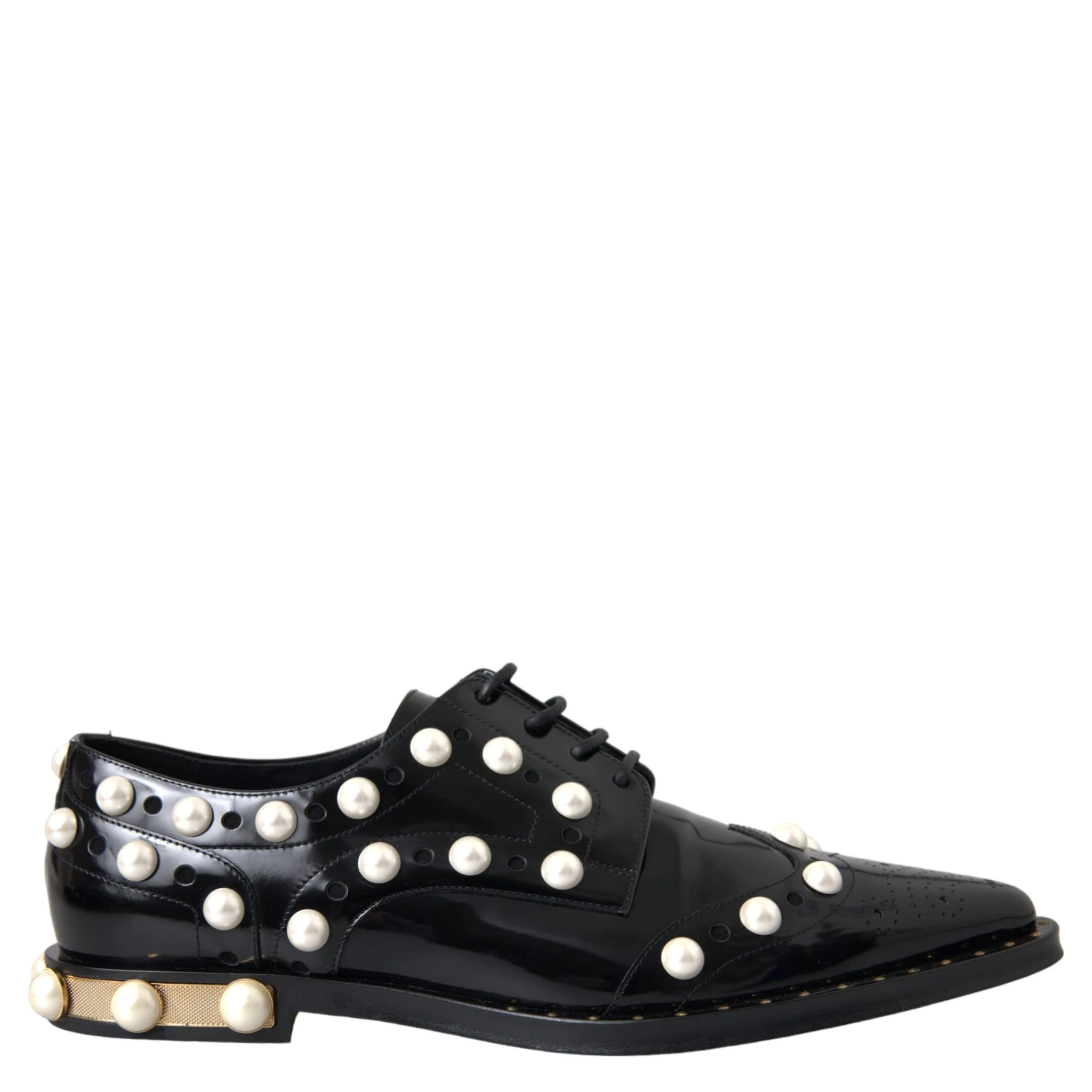 Black Leather Faux Pearl Dress Brogue Shoes