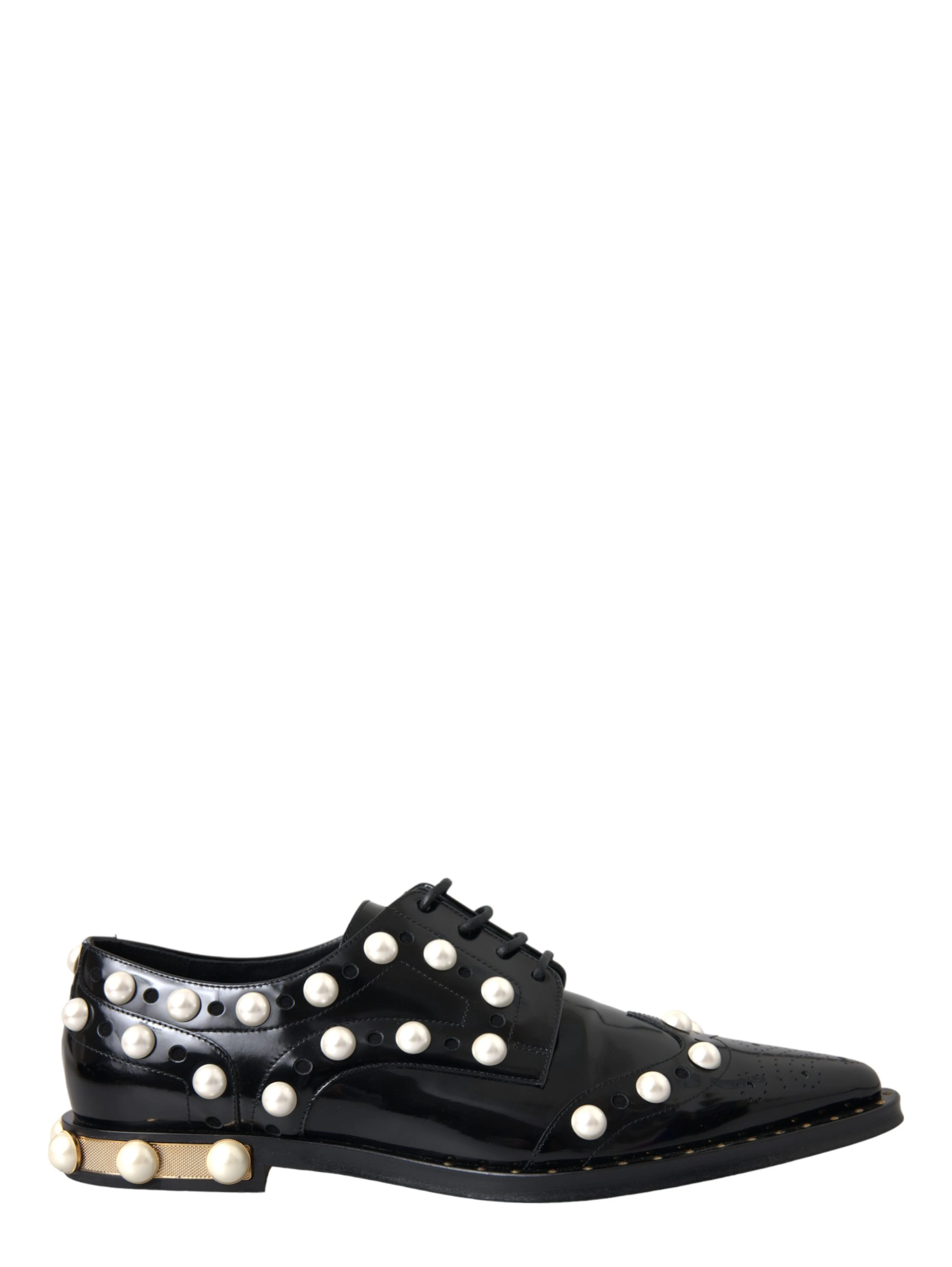 Black Leather Faux Pearl Dress Brogue Shoes