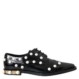 Black Leather Faux Pearl Dress Brogue Shoes
