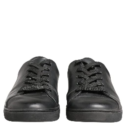 Black Leather Low Top Lace Up Sneakers Shoes