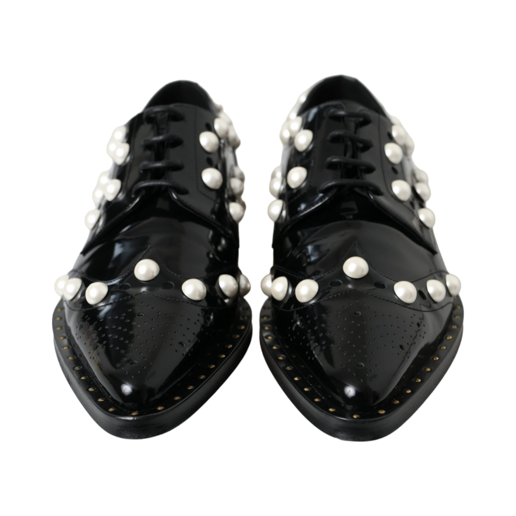 Black Leather Faux Pearl Dress Brogue Shoes