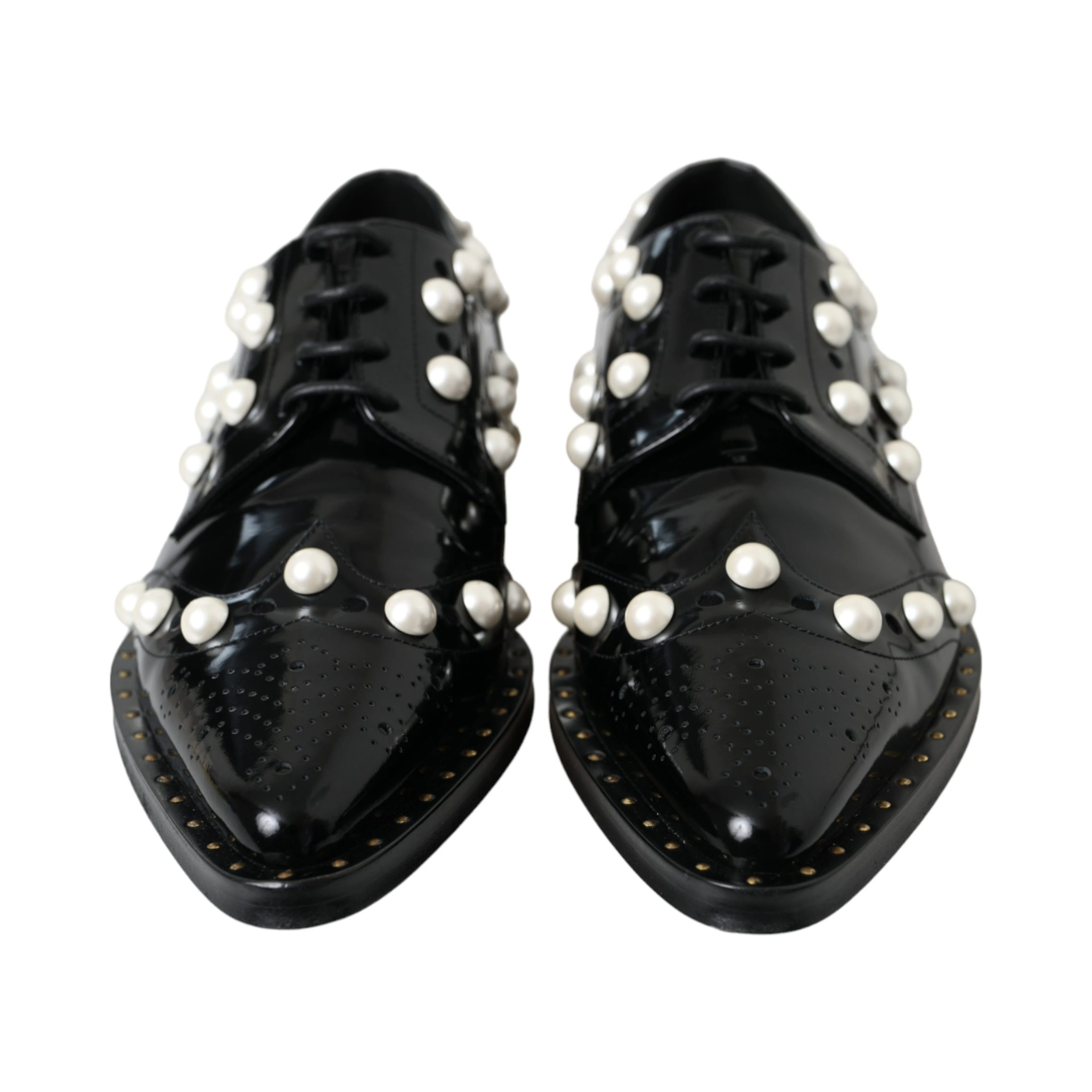 Black Leather Faux Pearl Dress Brogue Shoes