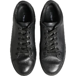 Black Leather Low Top Lace Up Sneakers Shoes