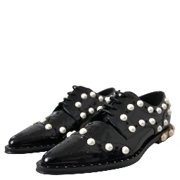 Black Leather Faux Pearl Dress Brogue Shoes