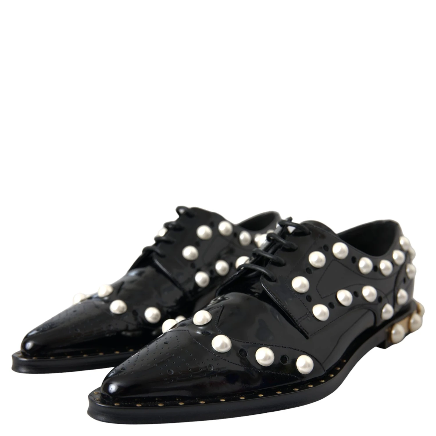 Black Leather Faux Pearl Dress Brogue Shoes