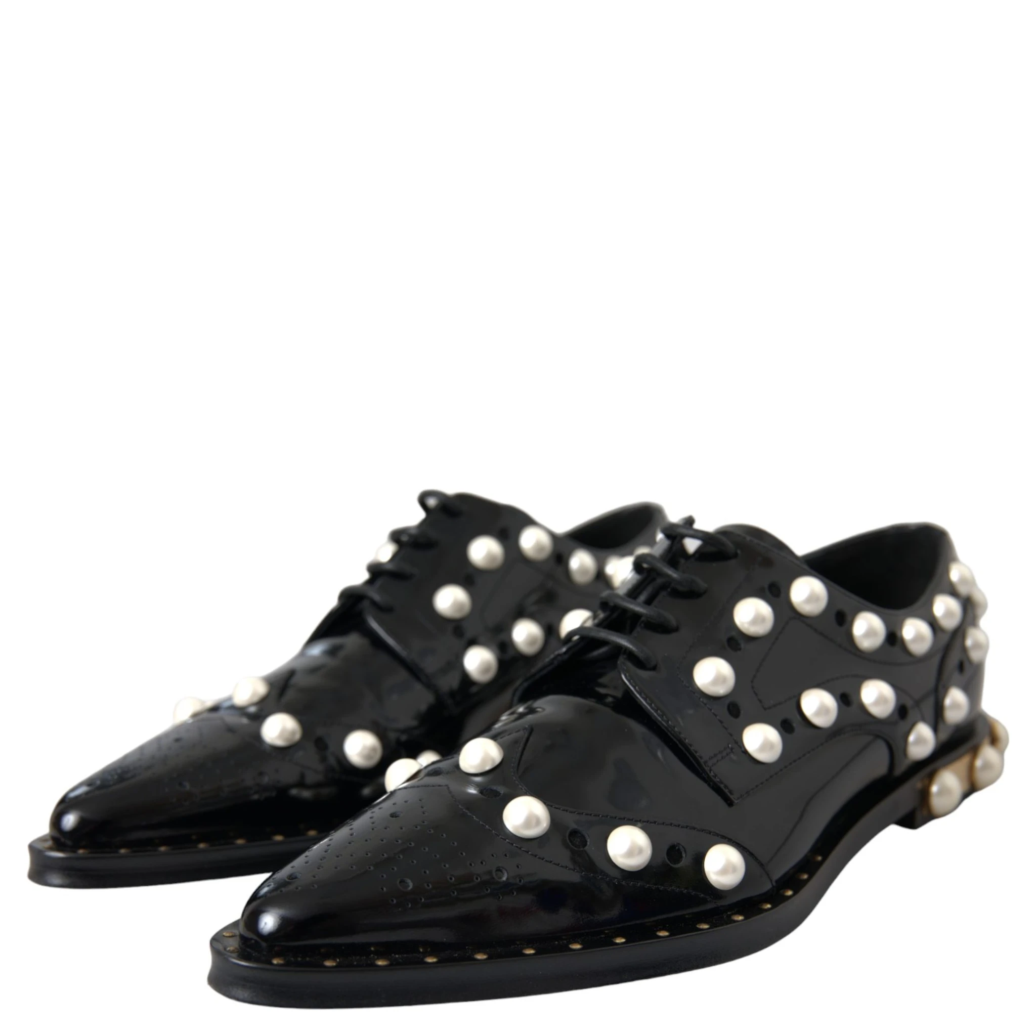 Black Leather Faux Pearl Dress Brogue Shoes