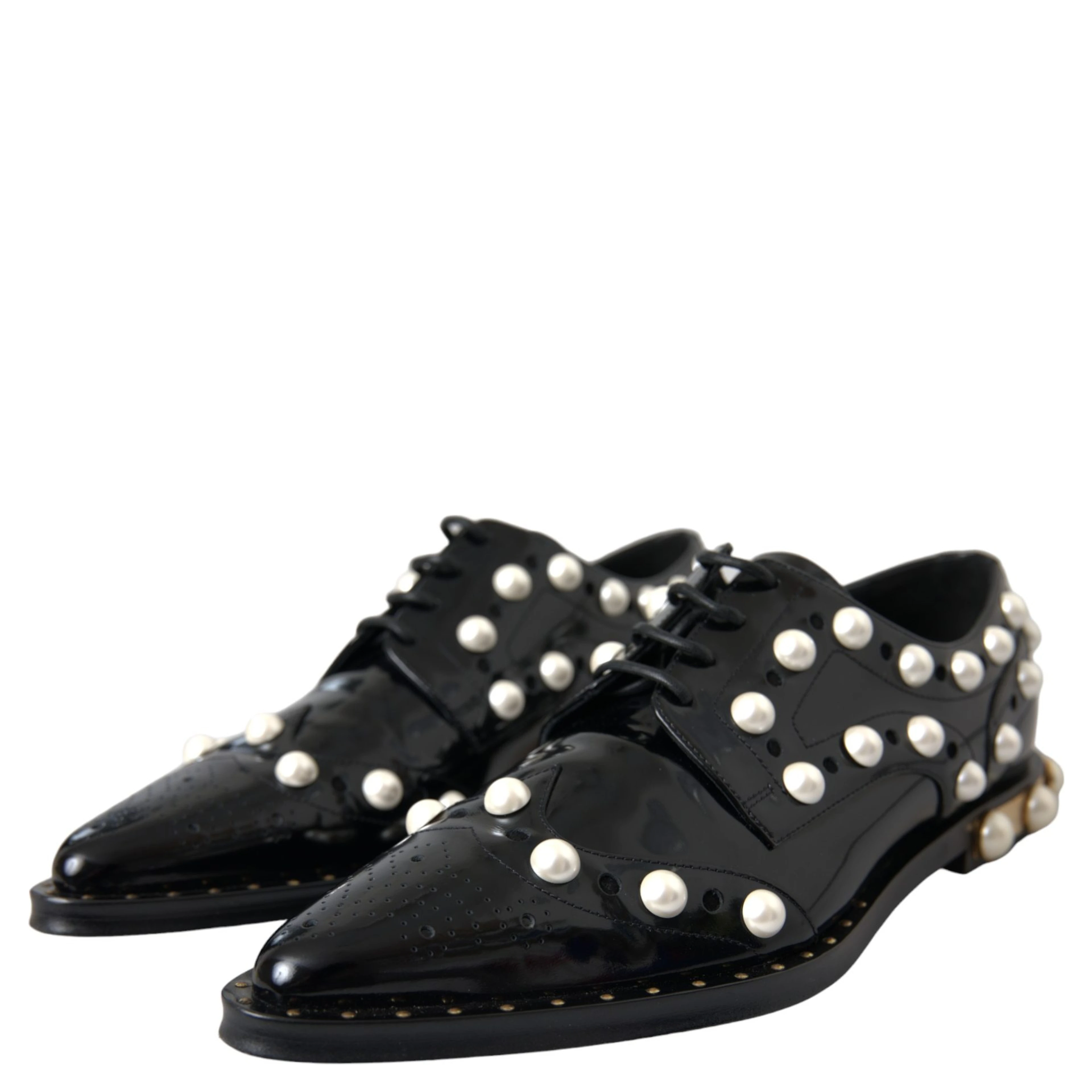 Black Leather Faux Pearl Dress Brogue Shoes