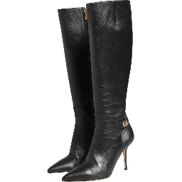 Black Leather Heels Knee High Boots Shoes