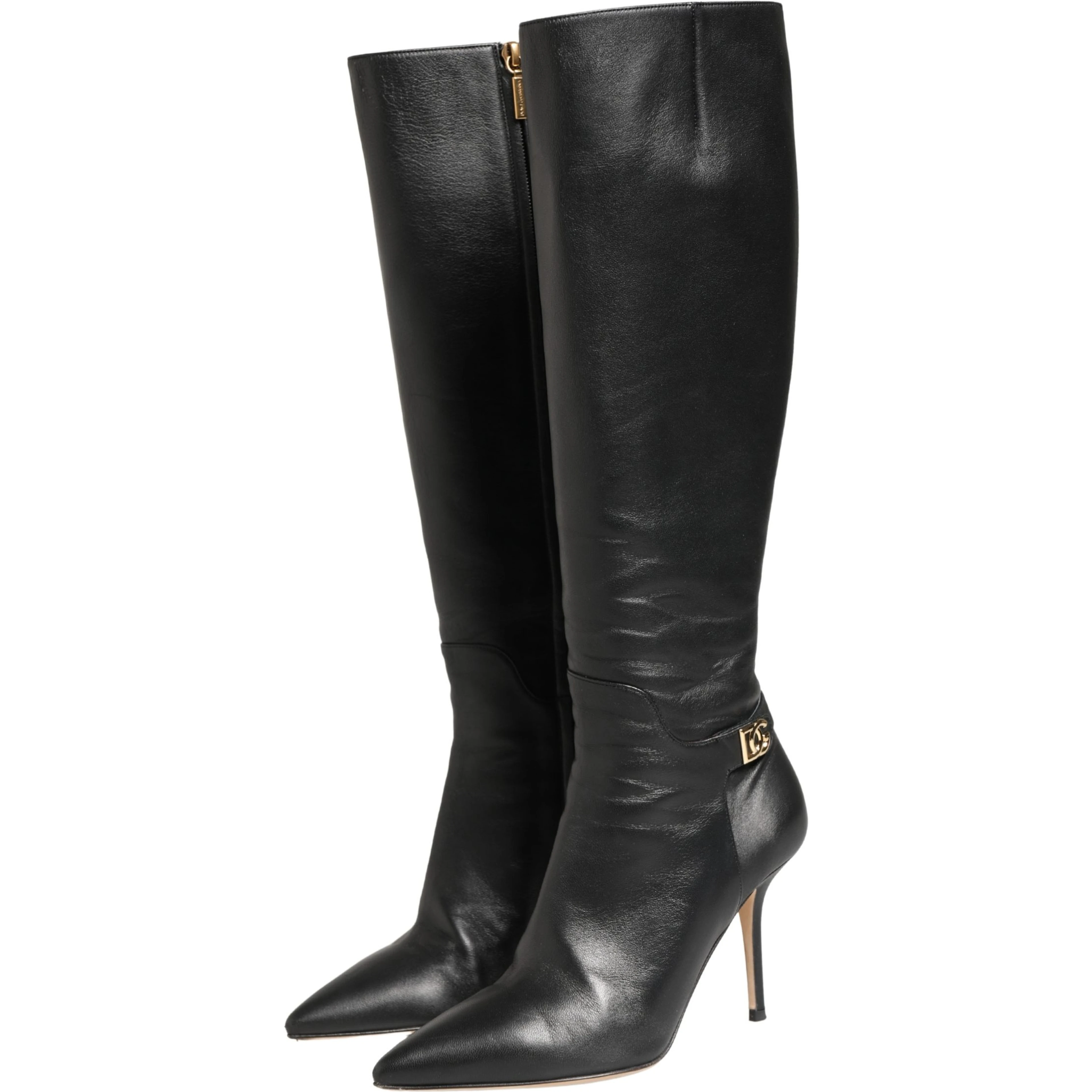 Black Leather Heels Knee High Boots Shoes