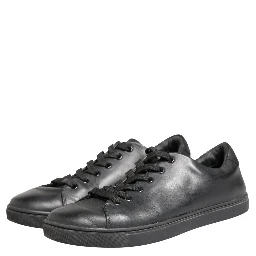 Black Leather Low Top Lace Up Sneakers Shoes