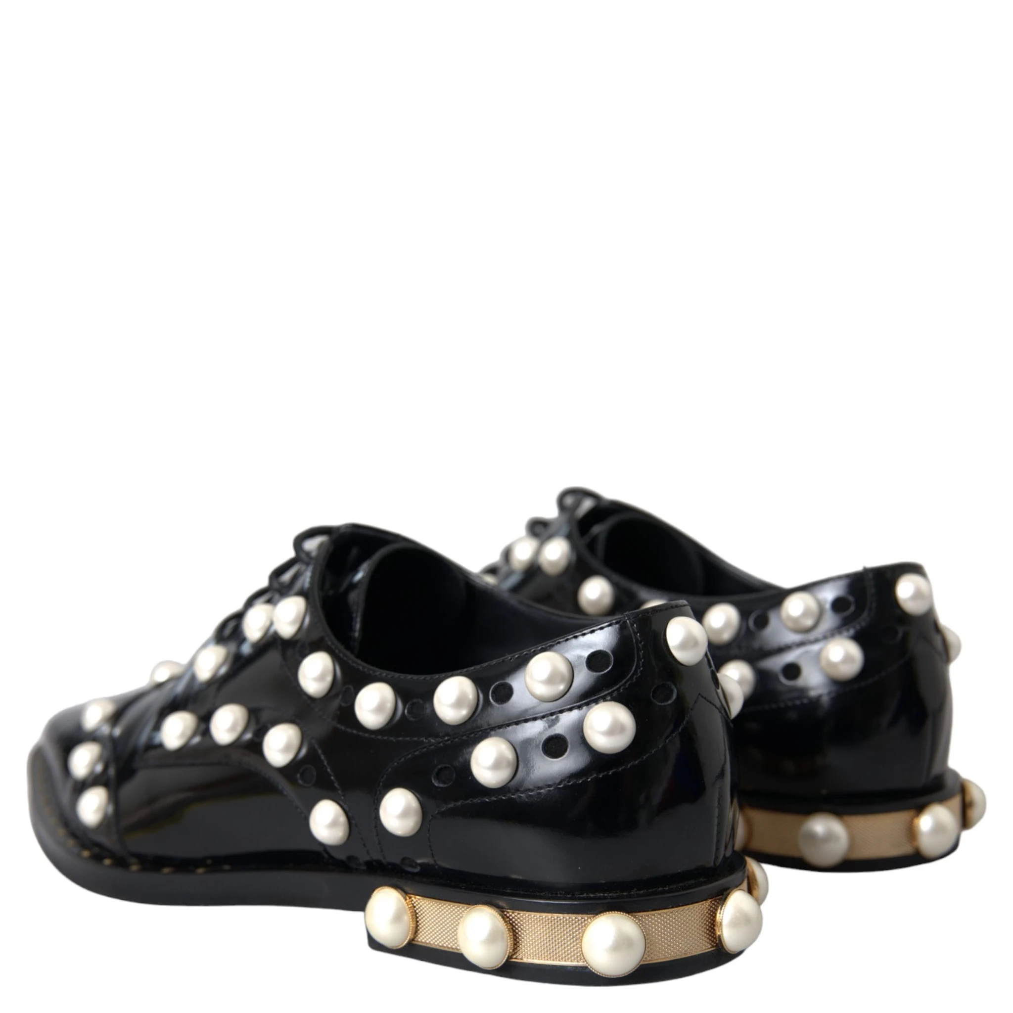 Black Leather Faux Pearl Dress Brogue Shoes