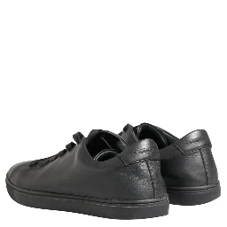 Black Leather Low Top Lace Up Sneakers Shoes