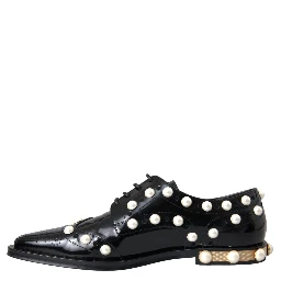 Black Leather Faux Pearl Dress Brogue Shoes