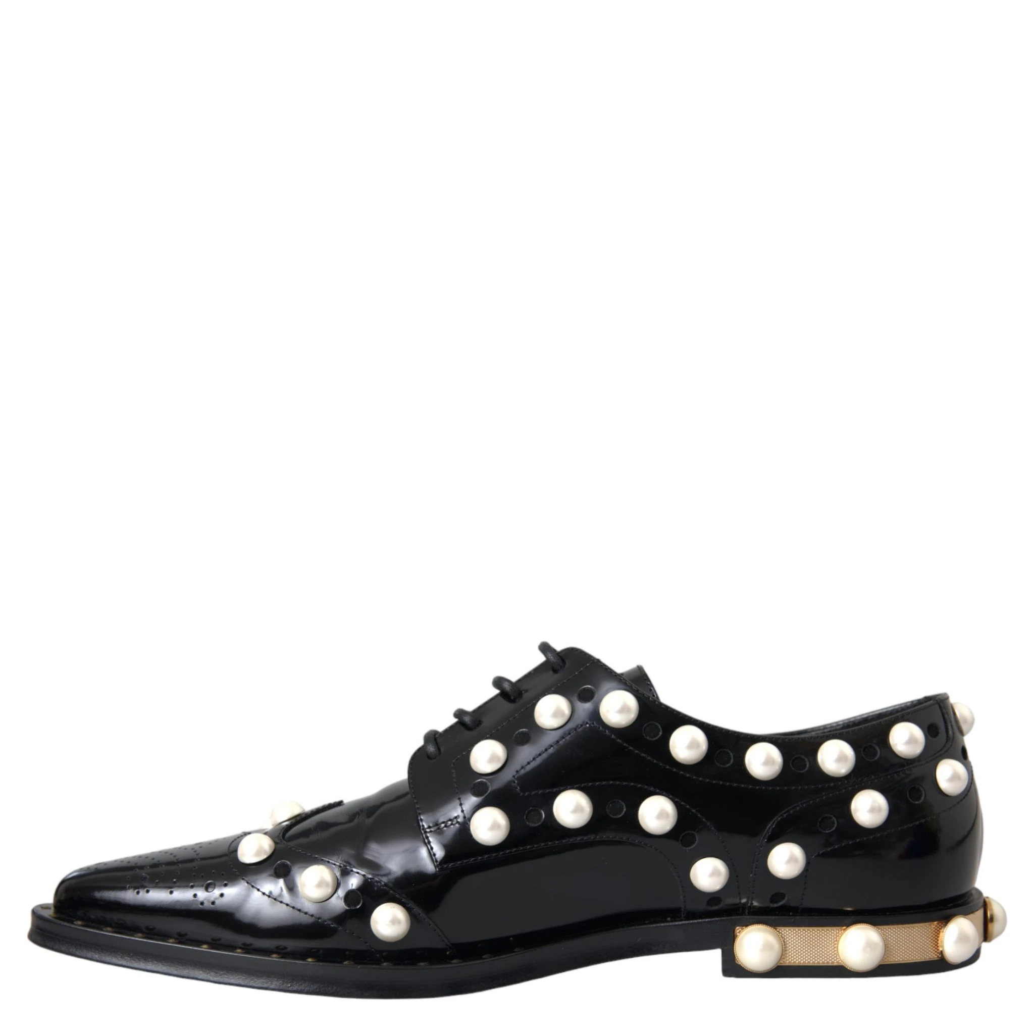 Black Leather Faux Pearl Dress Brogue Shoes