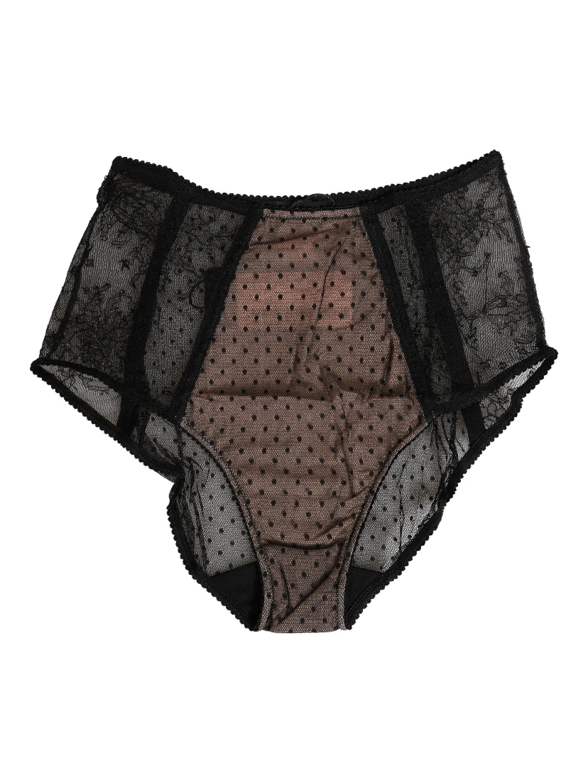 Black Sheer Polka Dot Lace High Waist Brief Underwear