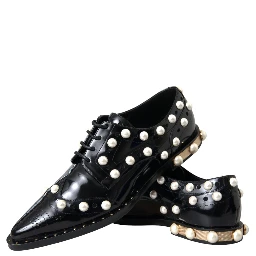 Black Leather Faux Pearl Dress Brogue Shoes