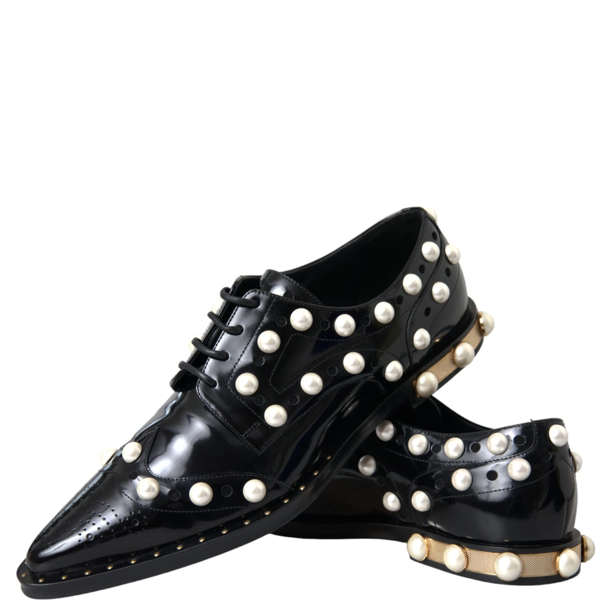 Black Leather Faux Pearl Dress Brogue Shoes