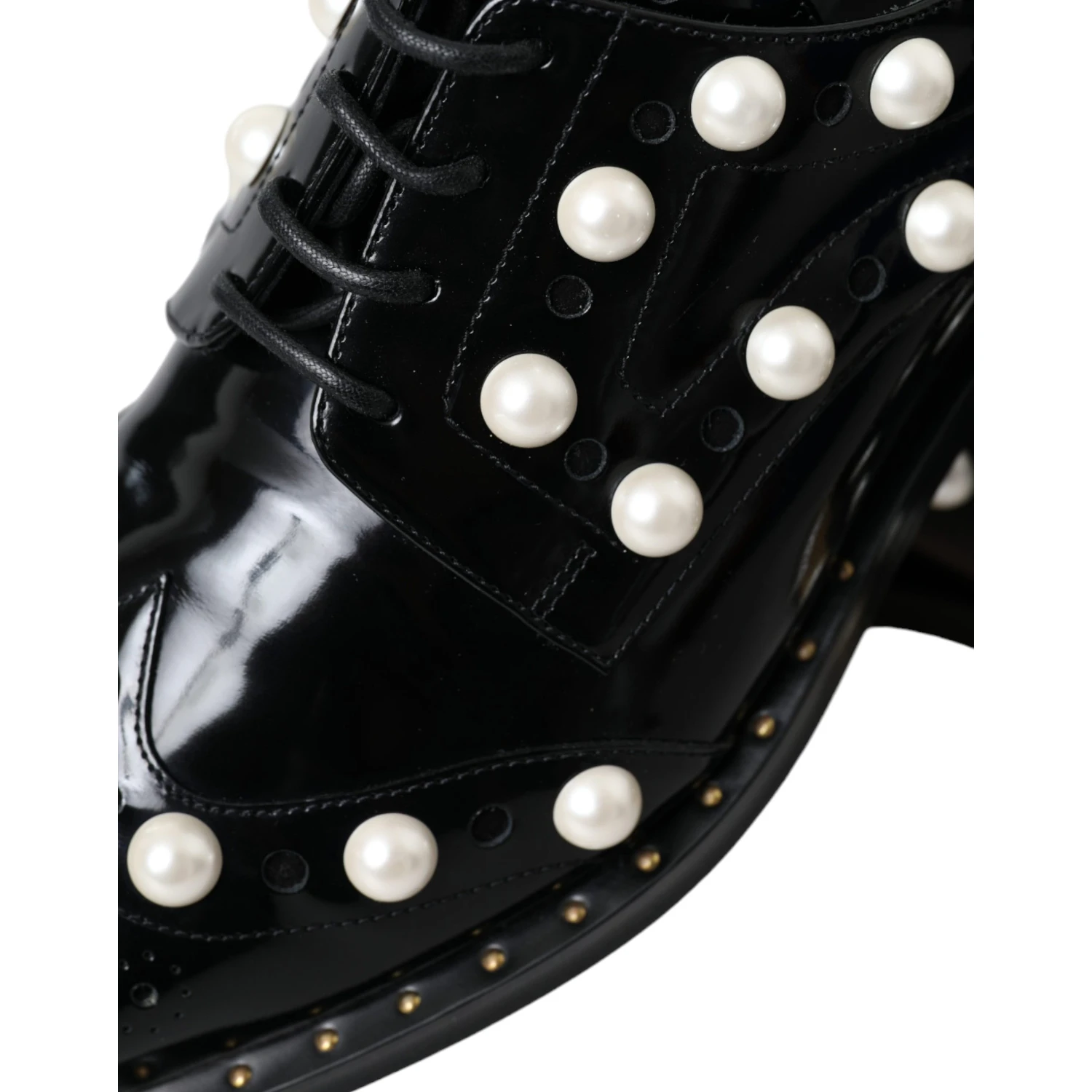 Black Leather Faux Pearl Dress Brogue Shoes