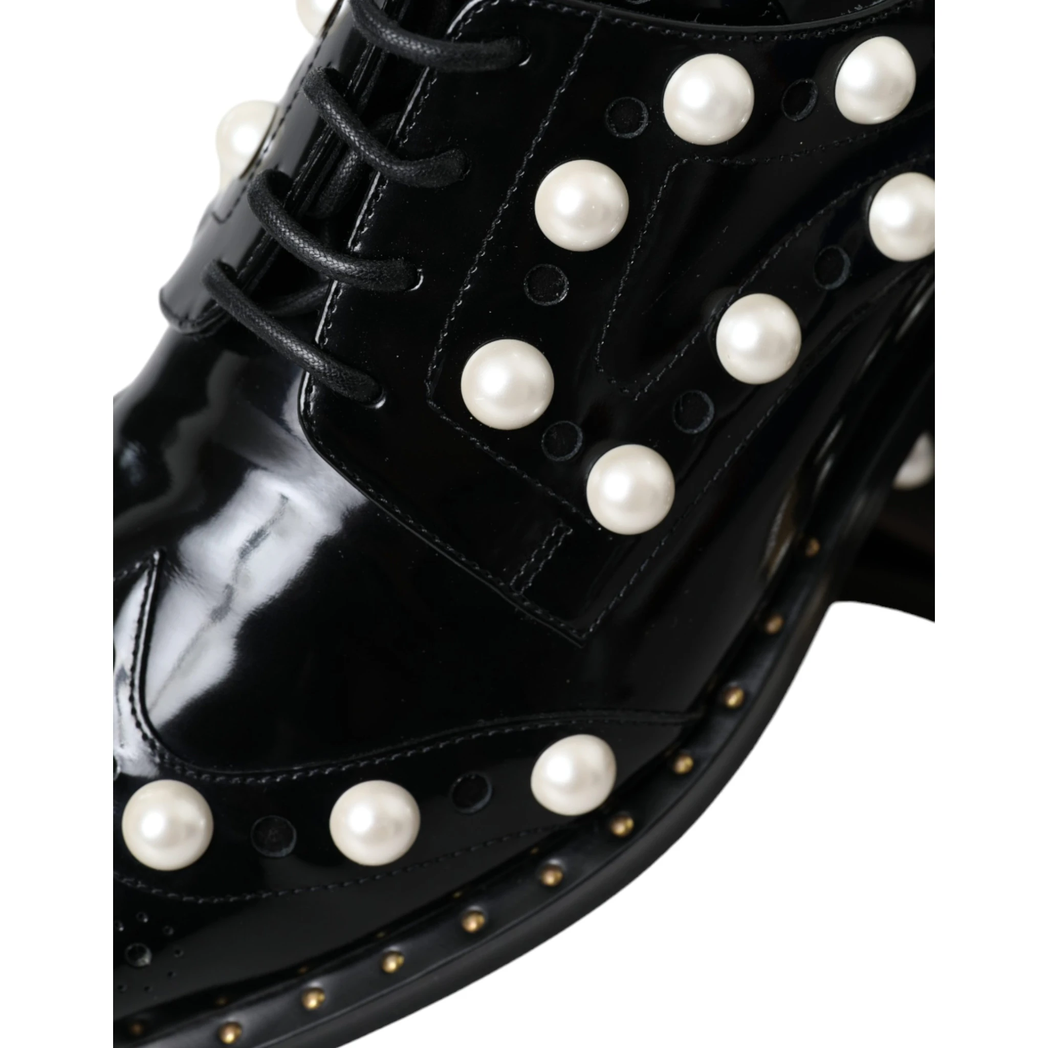 Black Leather Faux Pearl Dress Brogue Shoes