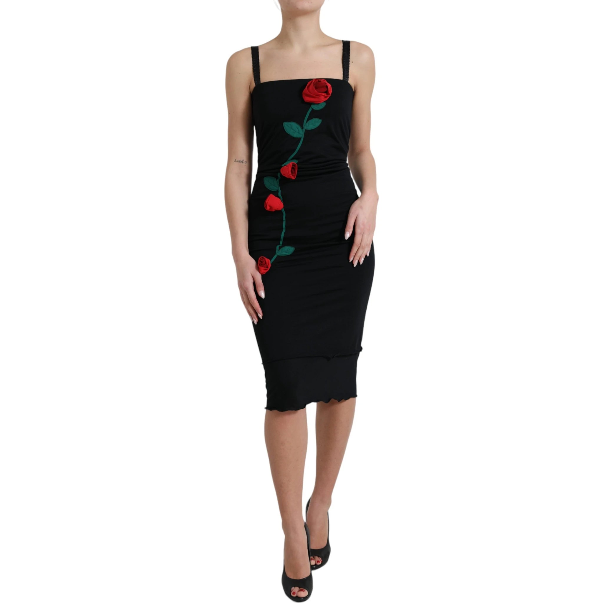 Black Wool Sleeveless Rose Applique Dress