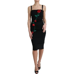 Black Wool Sleeveless Rose Applique Dress