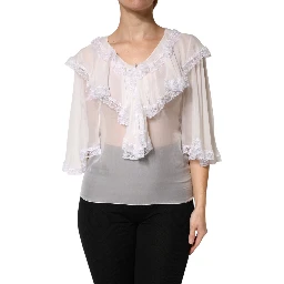 White LongSleeve Lace Trim Ruffled Blouse Top