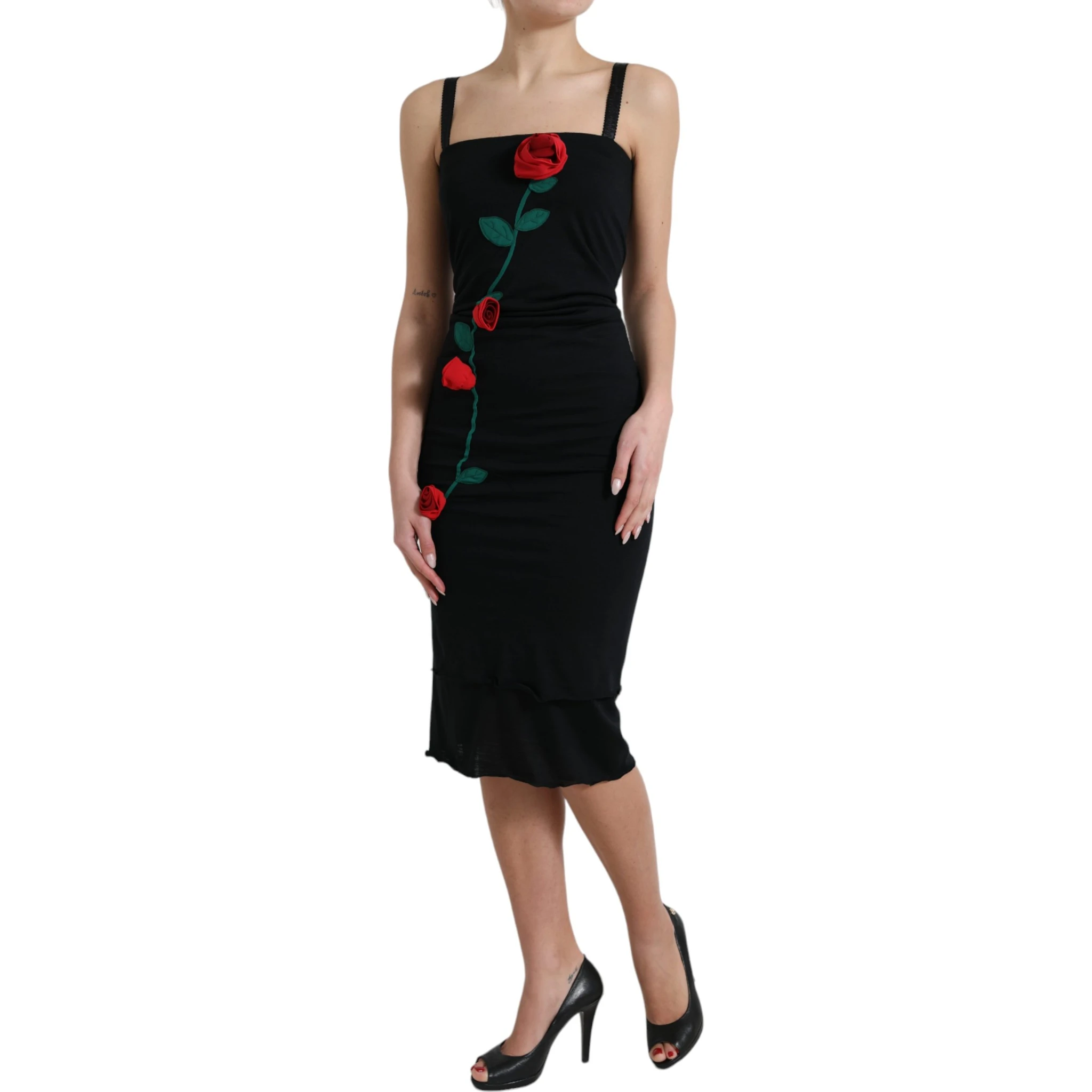 Black Wool Sleeveless Rose Applique Dress