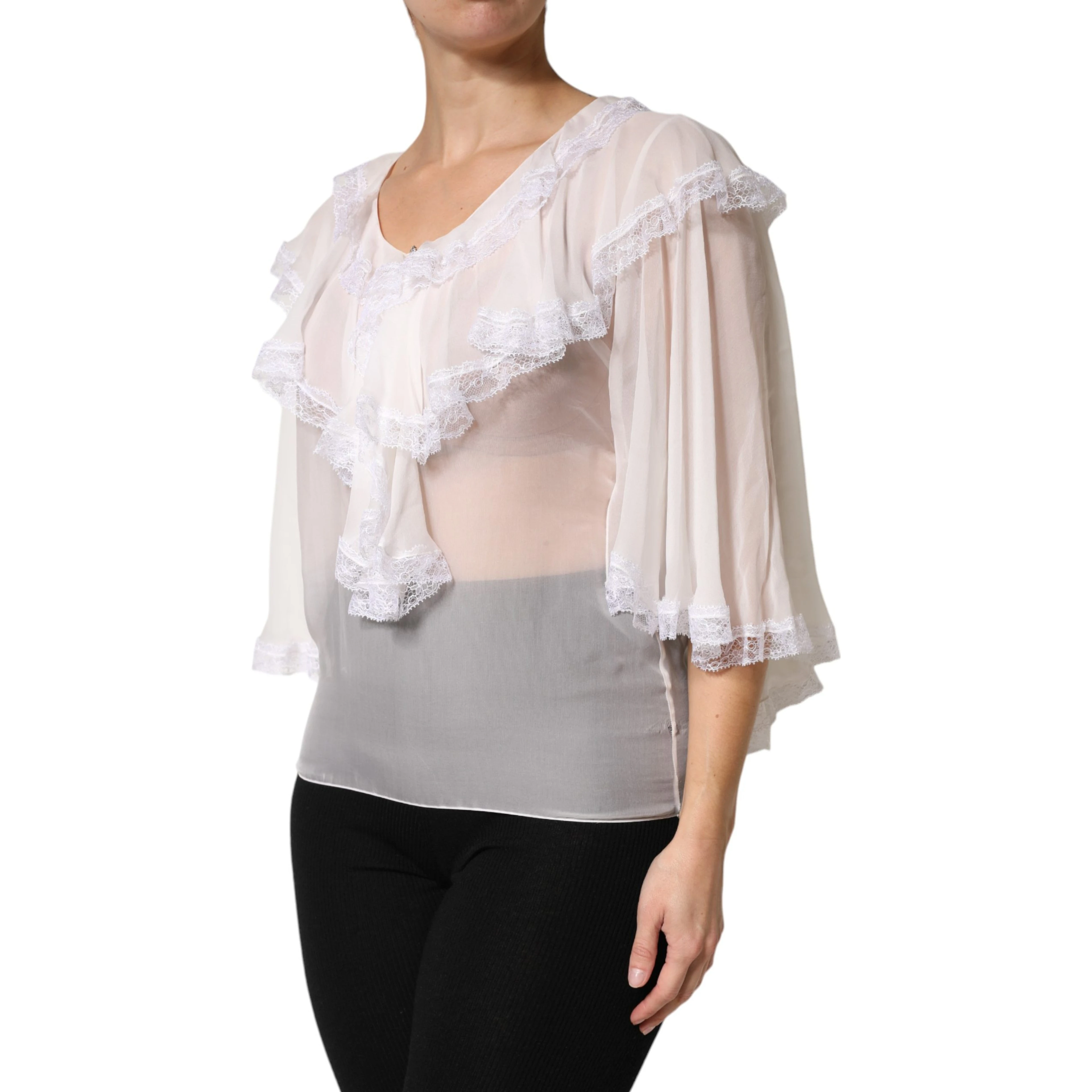 White LongSleeve Lace Trim Ruffled Blouse Top