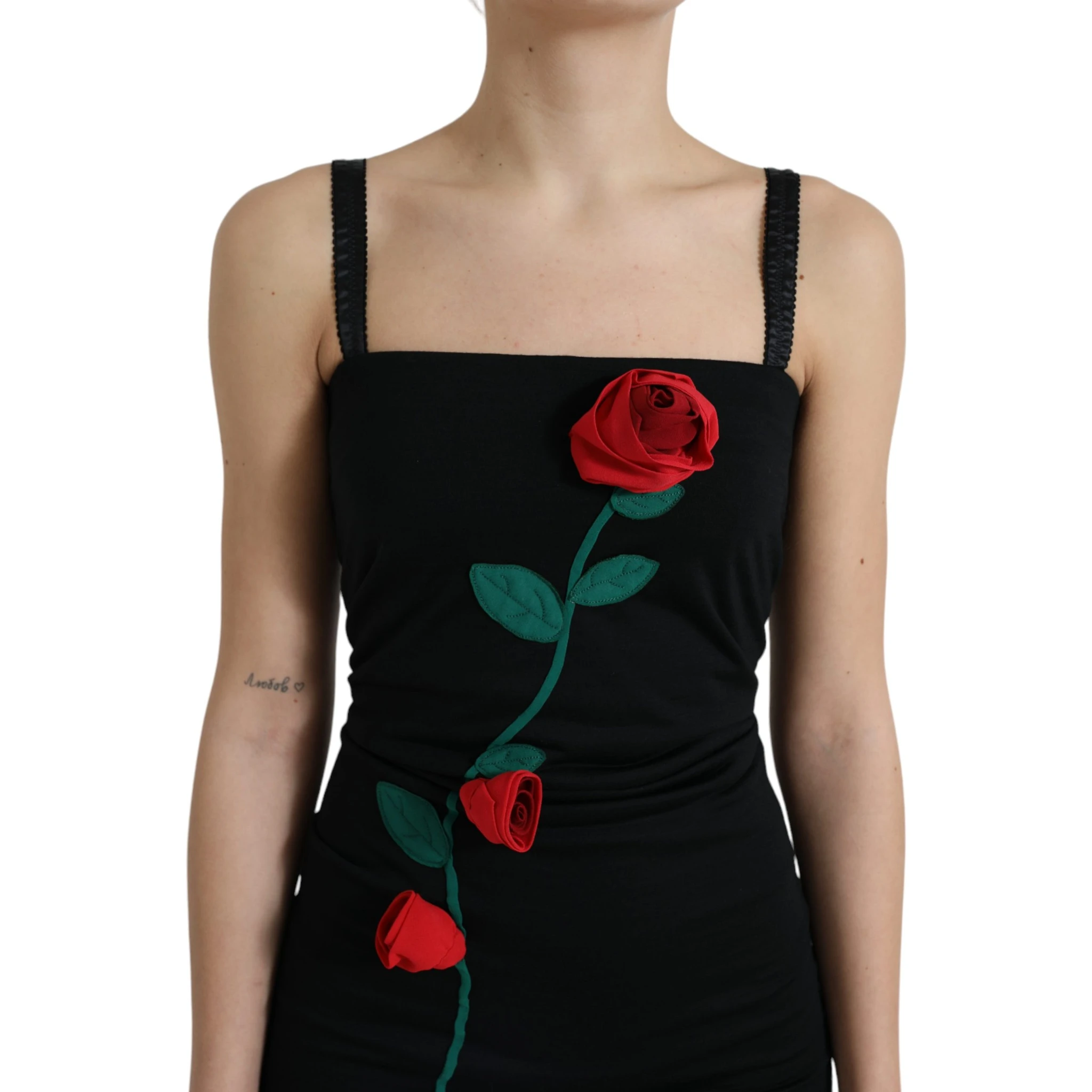 Black Wool Sleeveless Rose Applique Dress