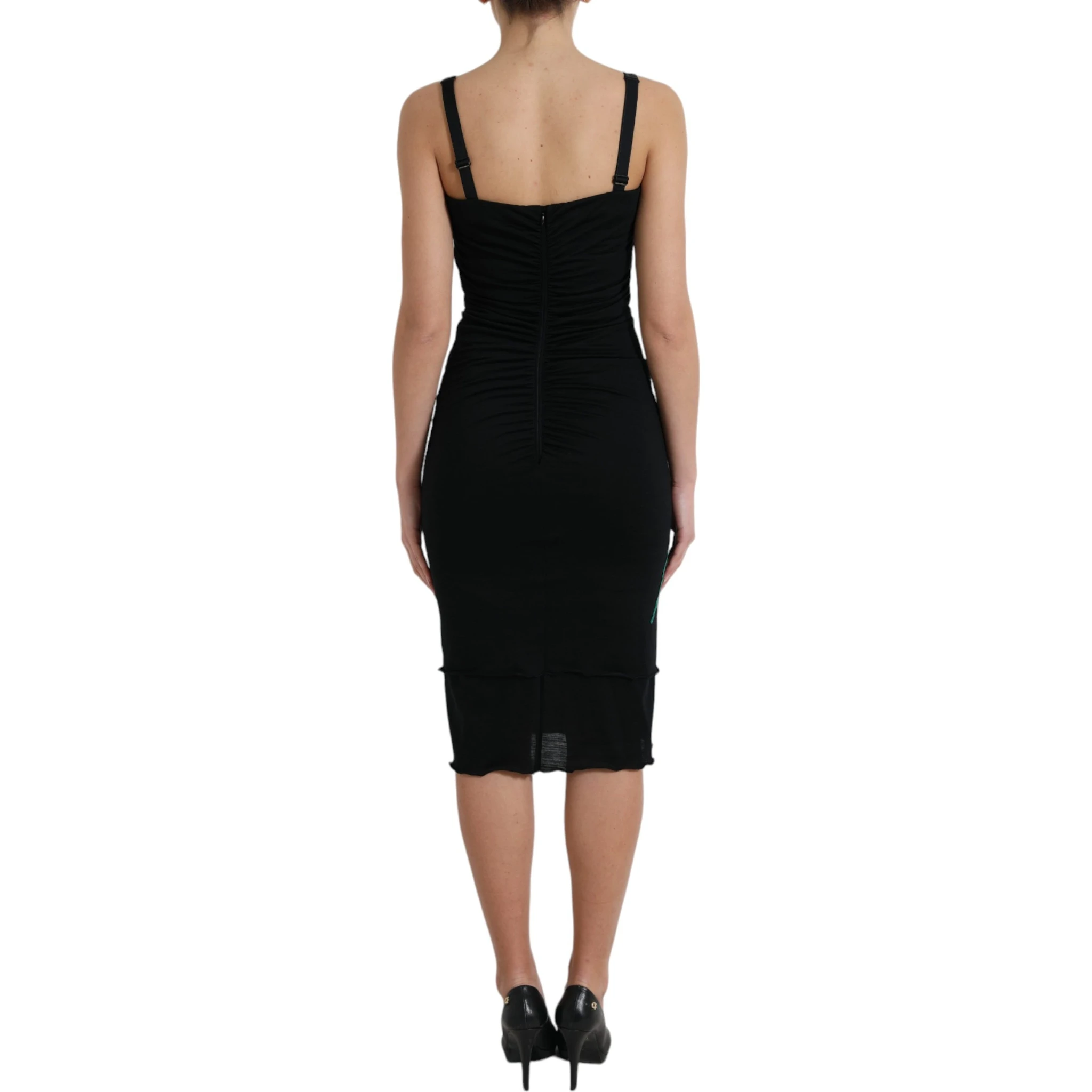 Black Wool Sleeveless Rose Applique Dress