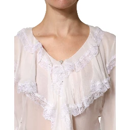 White LongSleeve Lace Trim Ruffled Blouse Top