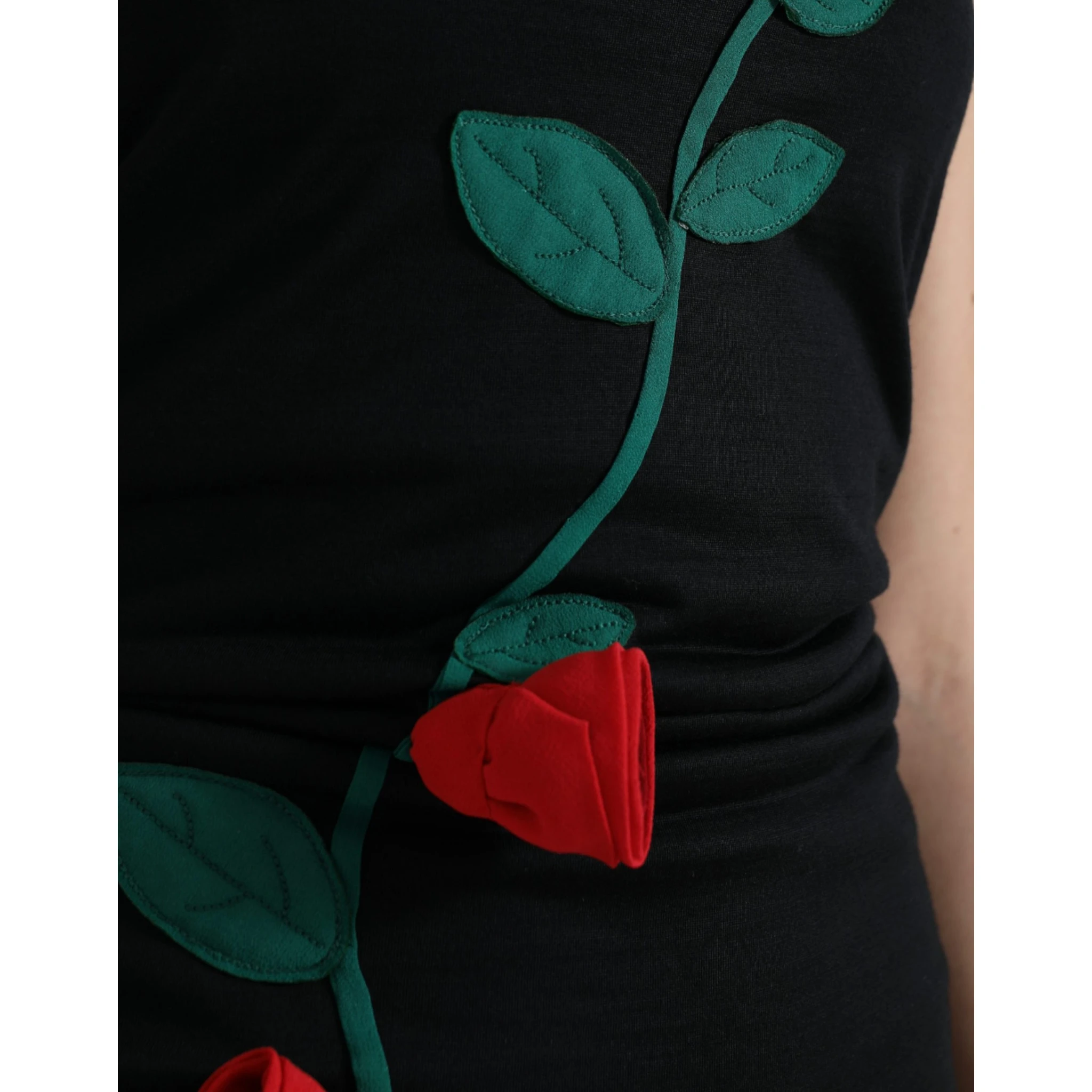 Black Wool Sleeveless Rose Applique Dress
