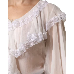 White LongSleeve Lace Trim Ruffled Blouse Top