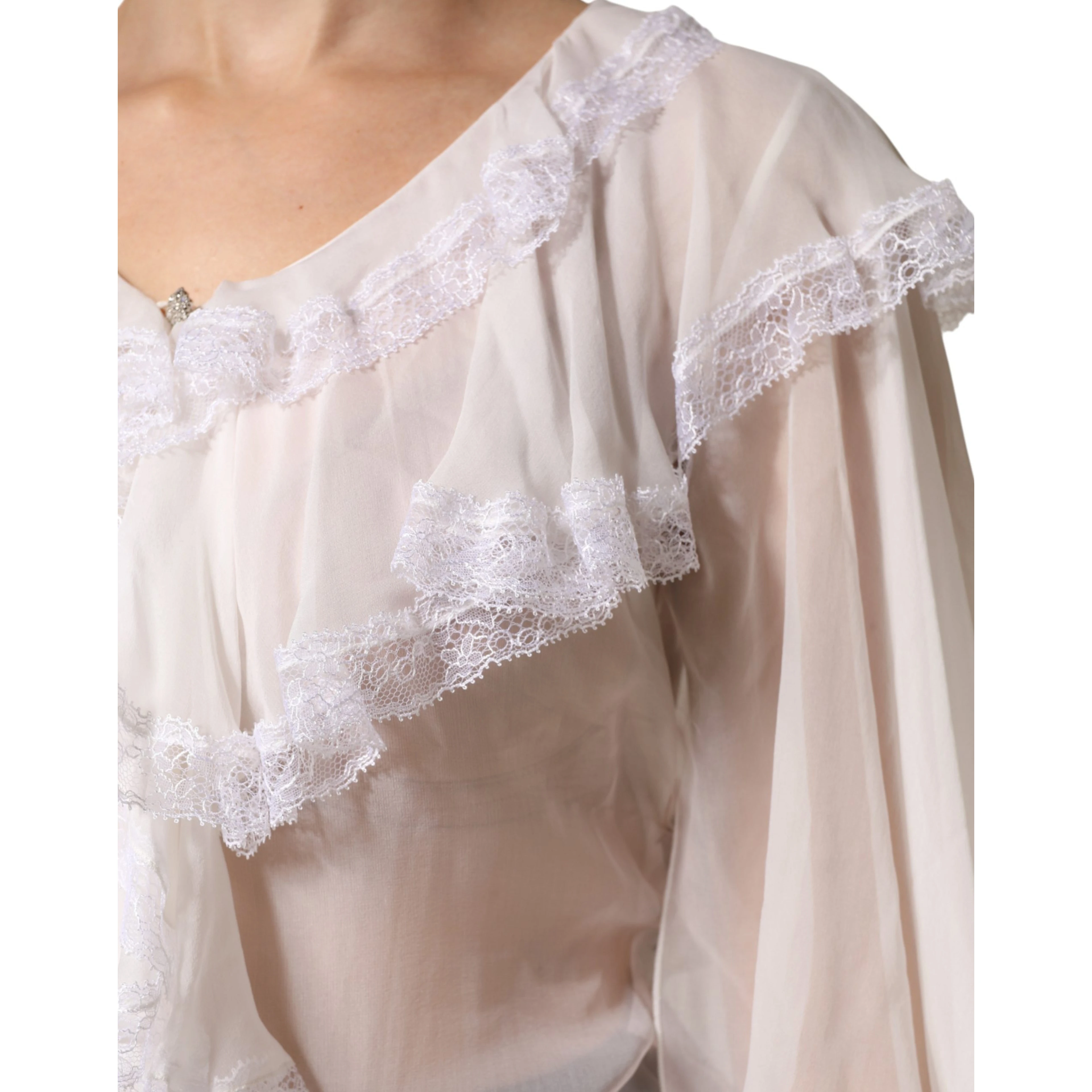 White LongSleeve Lace Trim Ruffled Blouse Top