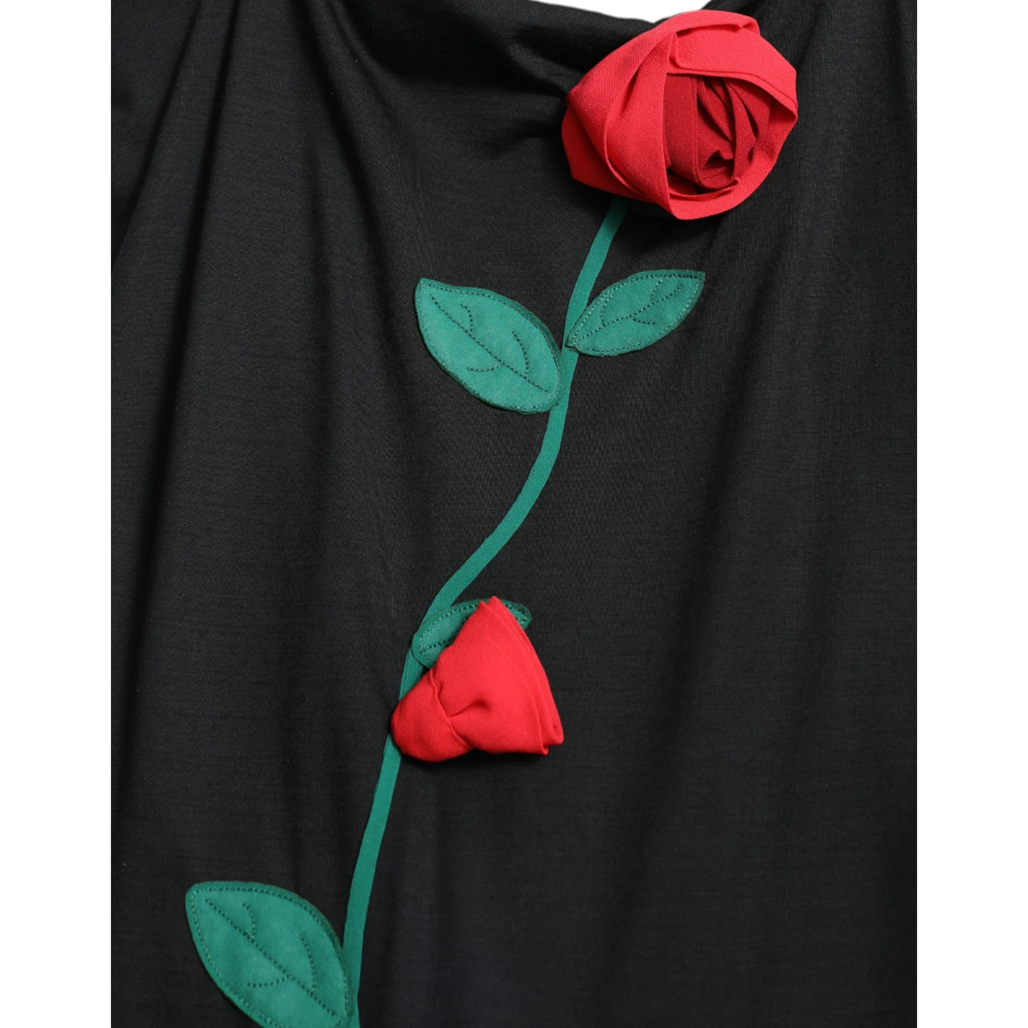 Black Wool Sleeveless Rose Applique Dress