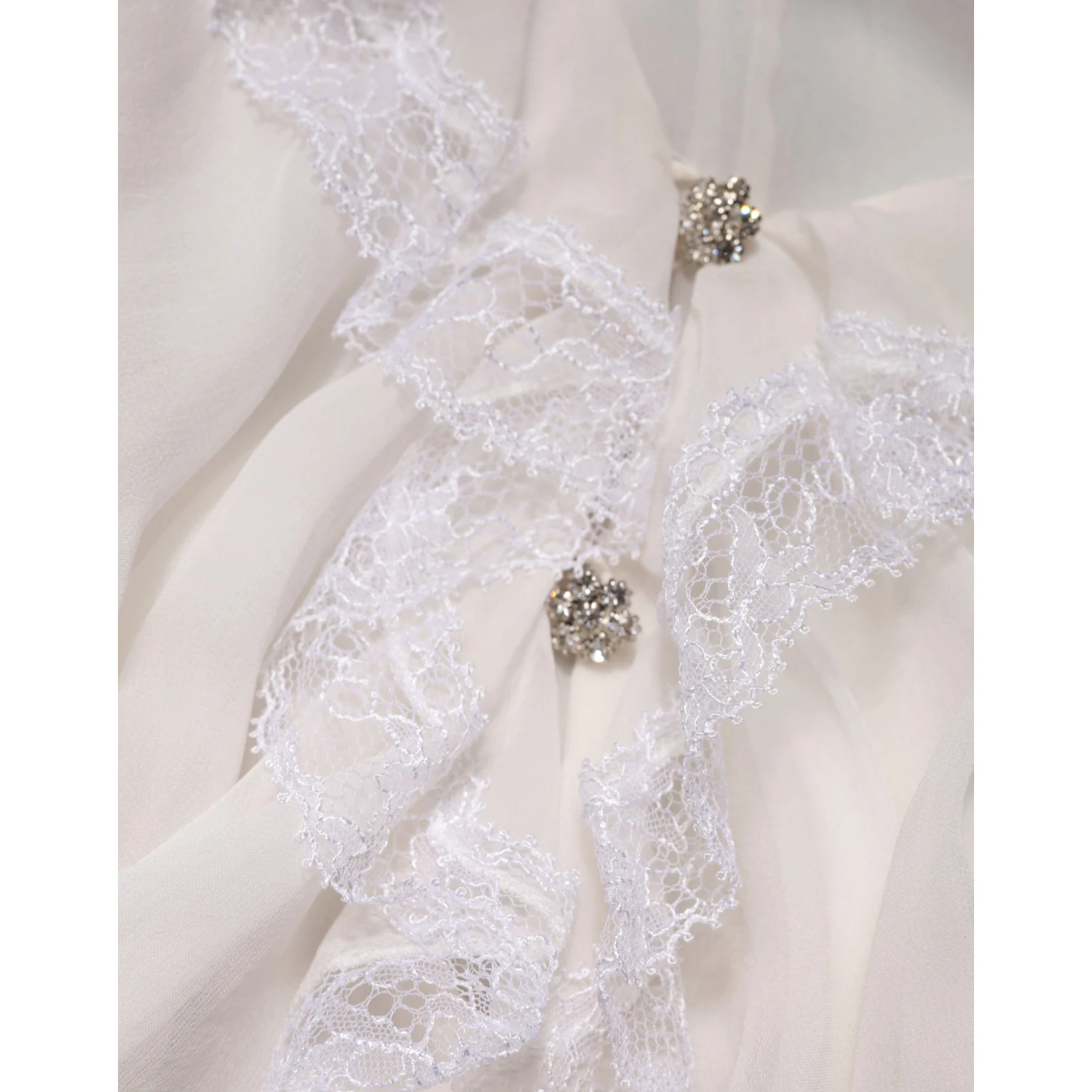 White LongSleeve Lace Trim Ruffled Blouse Top