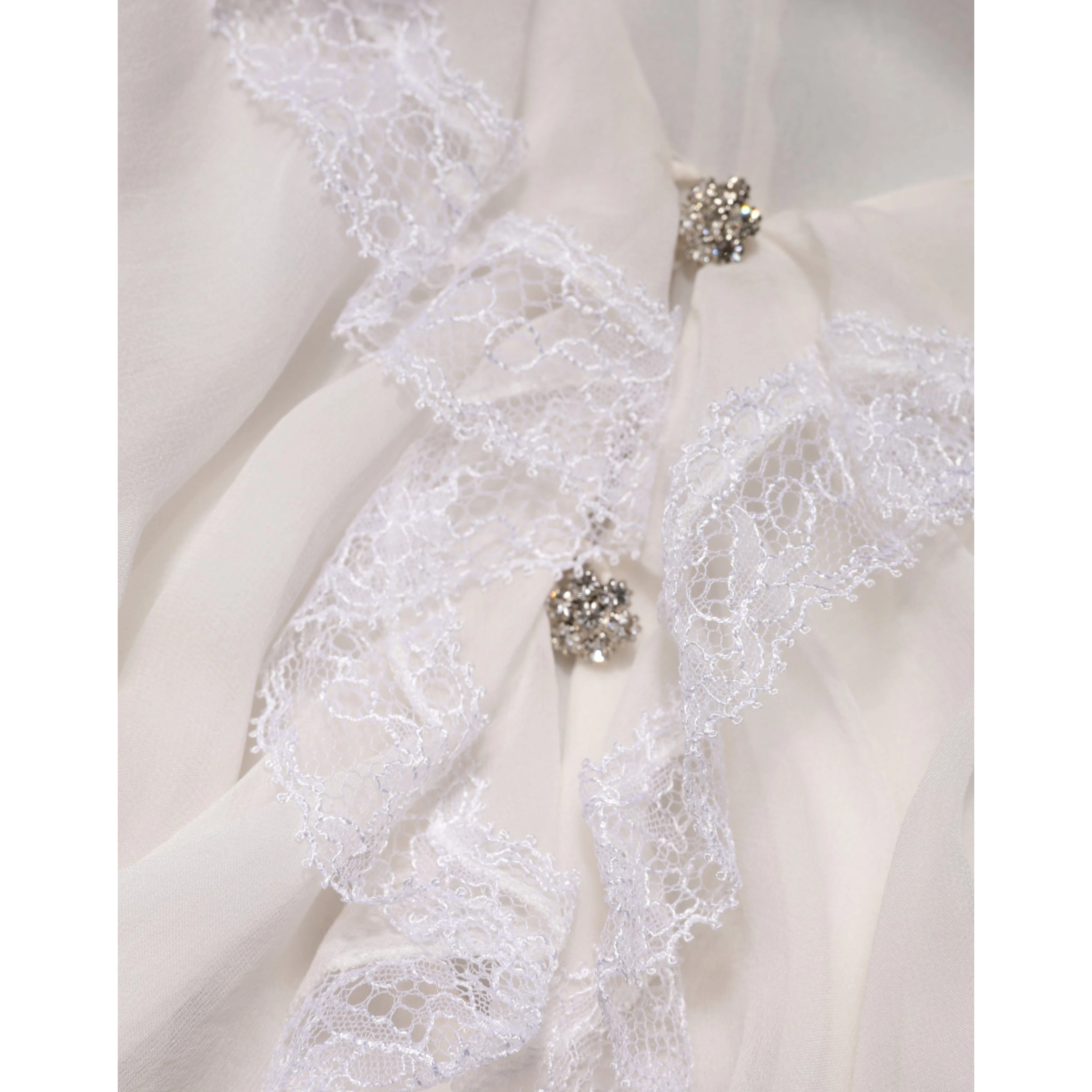 White LongSleeve Lace Trim Ruffled Blouse Top